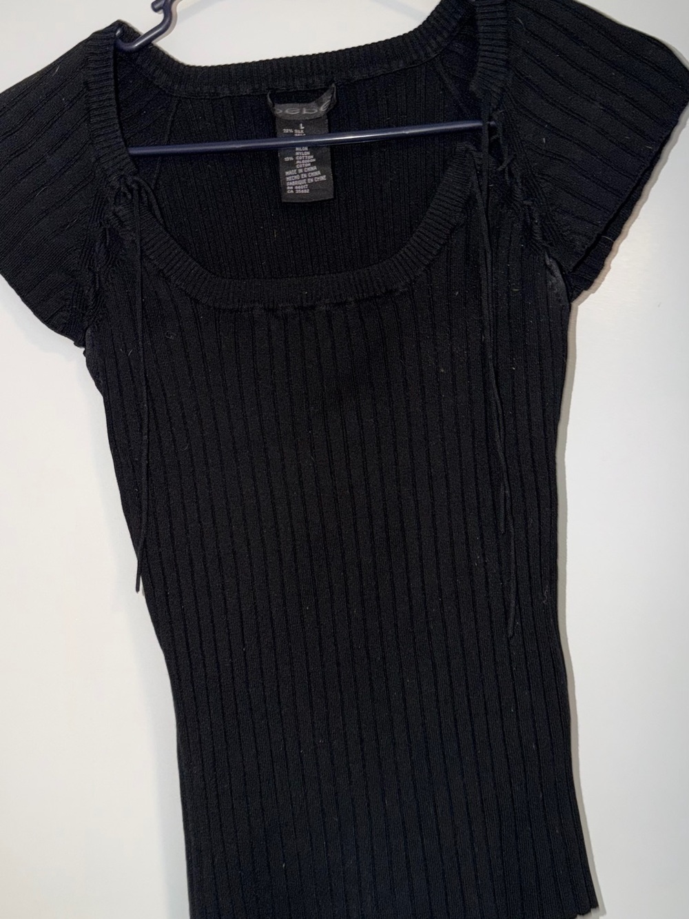 Bebe Black Ribbed Short Sleeve Knit Top